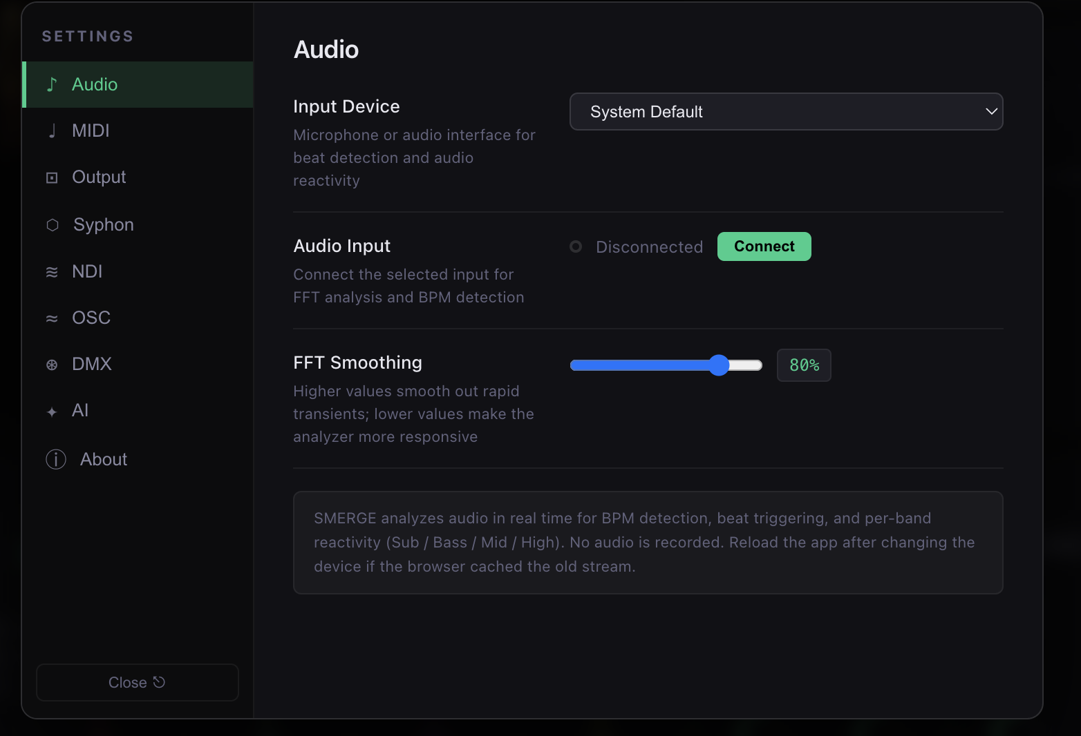 Settings — Audio section