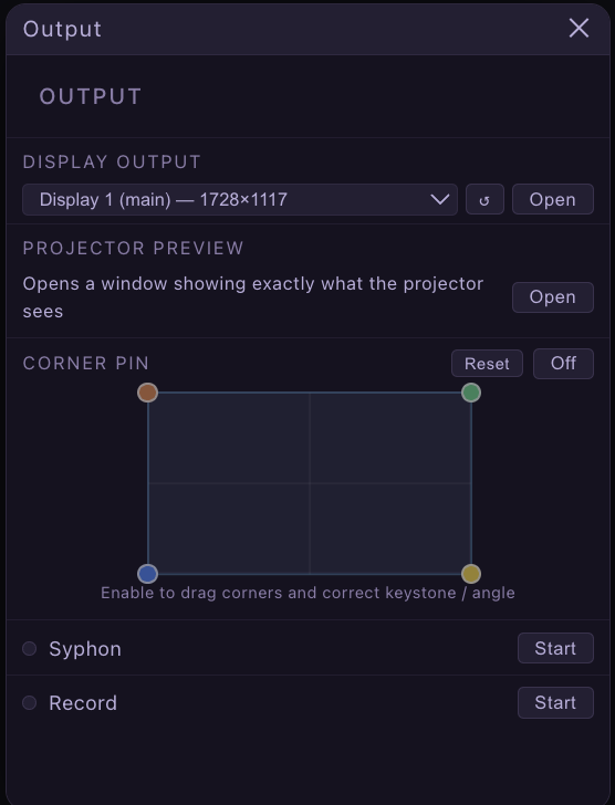 The Output panel sending SMERGE's visuals to a display